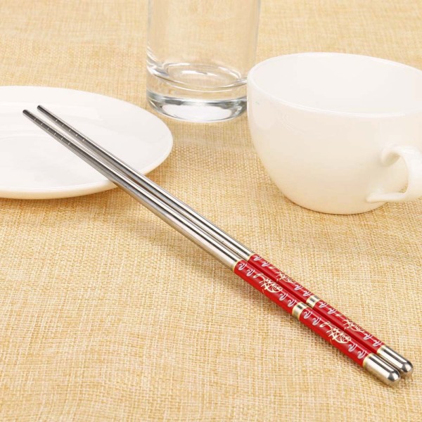 1Pair Length White Flower Pattern Stainless Steel Chopsticks Pair