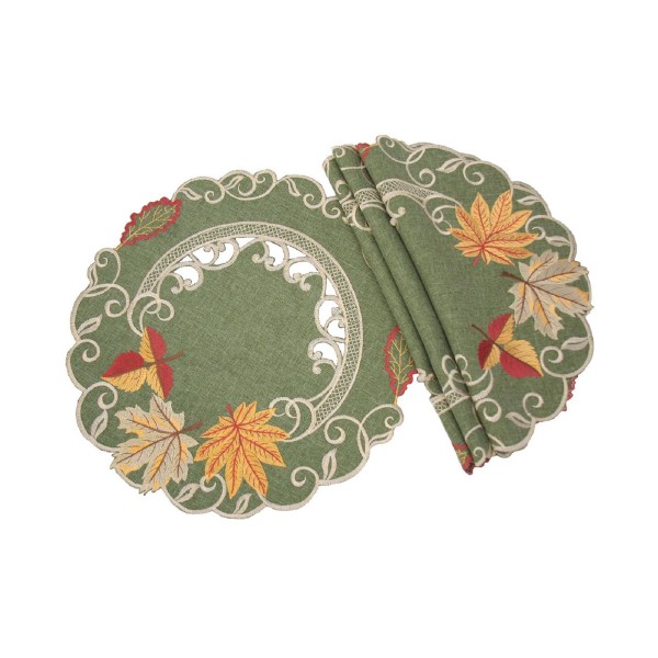 Delicate Leaves Embroidered Cutwork Fall Round Placemats - Set of 4