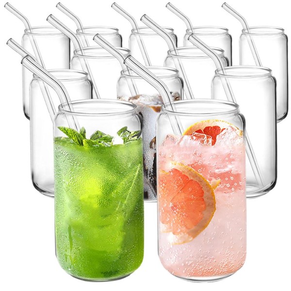 12 Pack Drinking Glasses with Glass Straws Beer