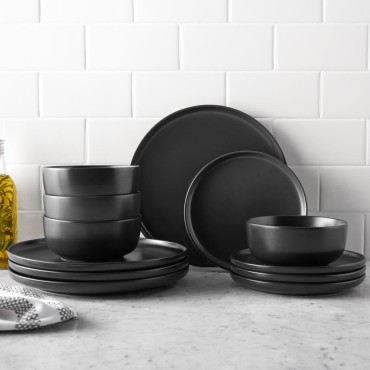Matte Black 12-Piece Stoneware Dinnerware Set Matte Black 12-Piece...